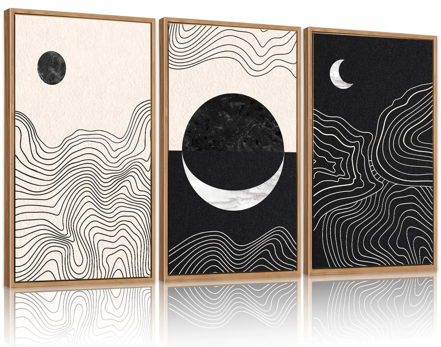 CHDITB Abstract Sun Moon Framed Canvas Art Prints Set(16"x24") 3 Panels Modern Neutral Black and White Artwork Painting Large Boho Minimalist Fine Line Wall Art Home Decor for Bedroom Living Room