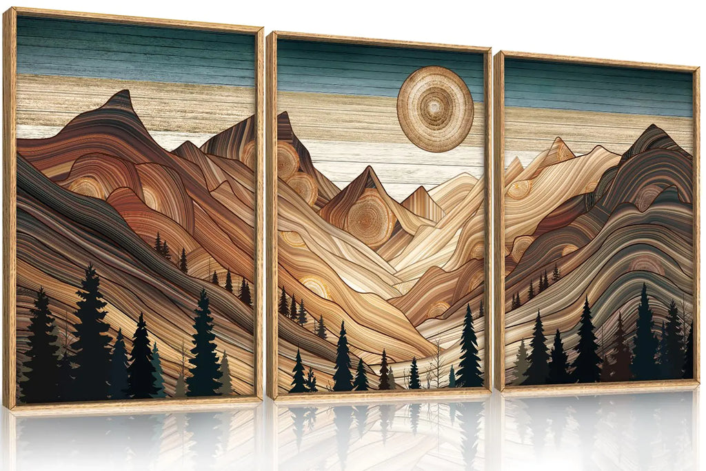 HLNIUC Mountain Framed Canvas Wall Art Set of 3 Tree Ring Nature Scenery Wall Decor Modern Abstract Sun Painting Brown Ridge Art Print for Living Room Bedroom Office- 16"x24"x3
