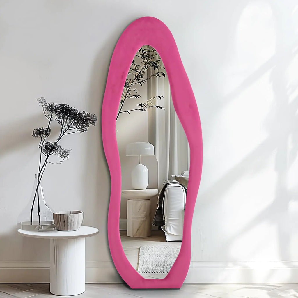Anpark Full Length Mirror 63"x24" Irregular Full Body Mirror Wall Mounted Floor Mirror with Stand Pink Flannel Frame Leaning Hanging Wall Mirror for Bedroom Entrance