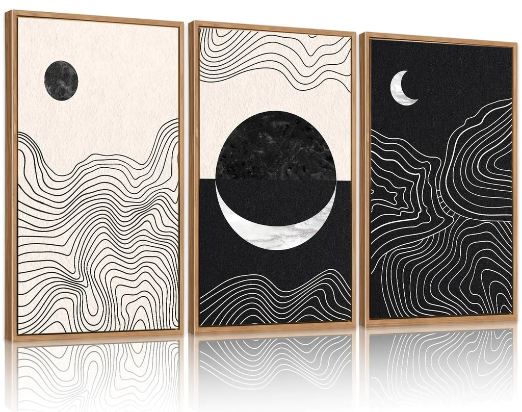 CHDITB Abstract Sun Moon Framed Canvas Art Prints Set(16"x24") 3 Panels Modern Neutral Black and White Artwork Painting Large Boho Minimalist Fine Line Wall Art Home Decor for Bedroom Living Room