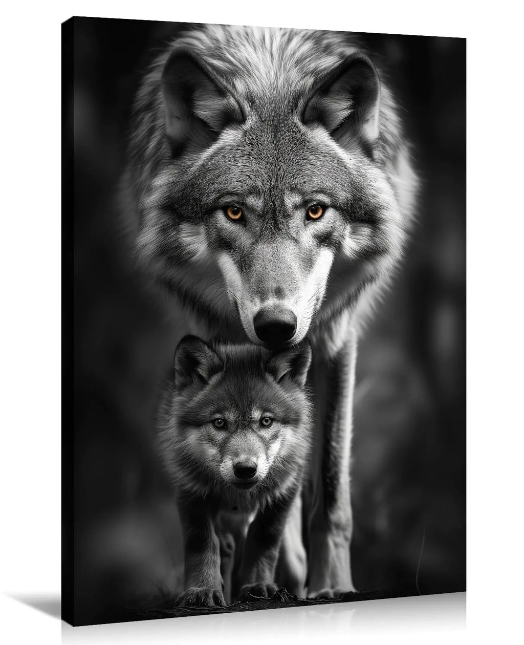 Canvas Wall Art Wolf Decor Black and White Picture Wolf and Cub Painting Wild Animal Poster Modern Artwork for Kids Room Living Room Bedroom Home Decor Framed(Artwork-312.00"x18.00")