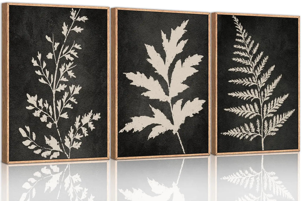 Ausril Black Tan Fern Leaf Framed Canvas Wall Art Set Minimalist Botanical Wall Decor Nature Fern Plant Silhouette Wall Painting Modern Rustic Art Print for Living Room Bedroom Office -36"x24"x3