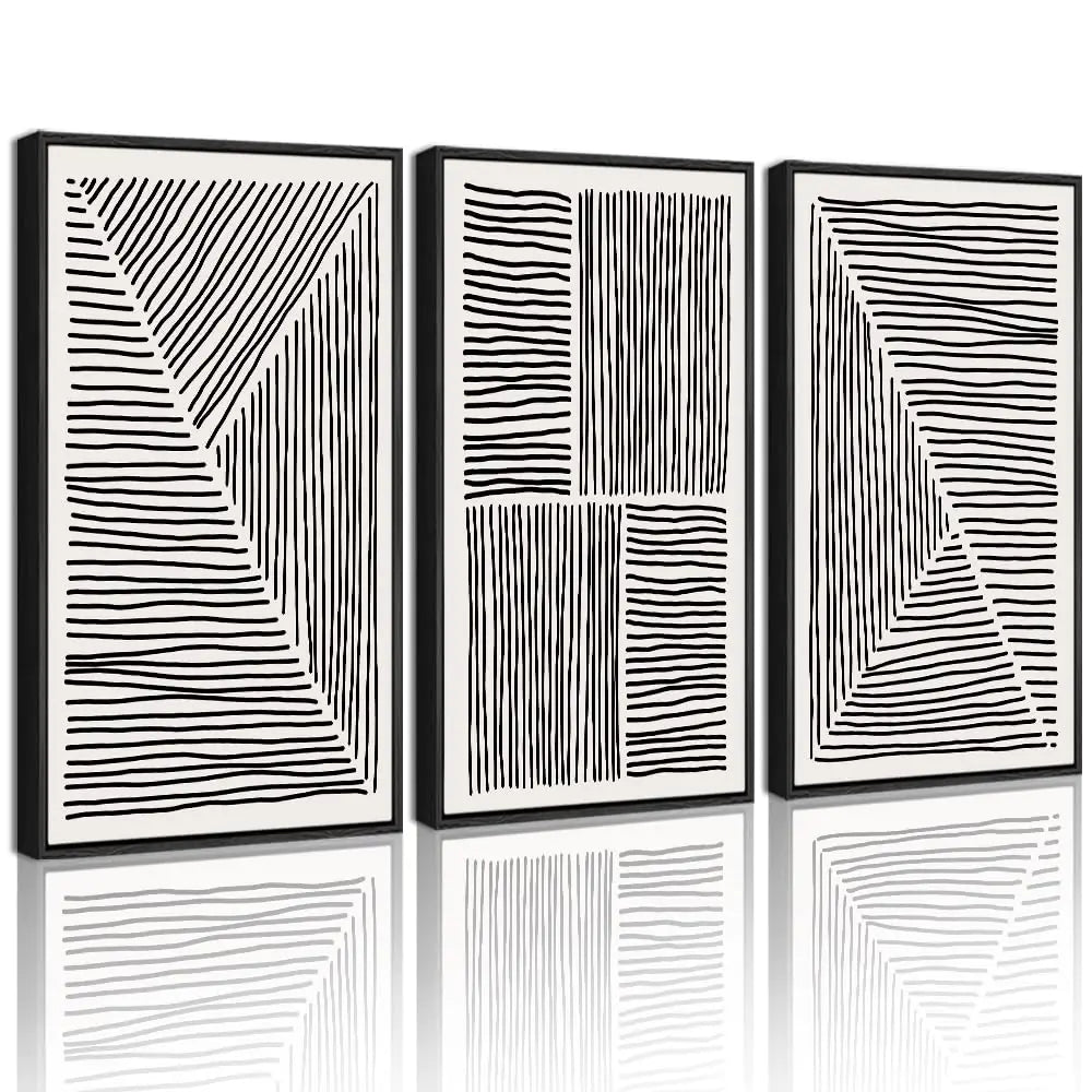 Drsoum Mid-Century Modern Framed Wall Art Large 16x24in Minimalist Abstract Boho Black Line Wall Decor Geometric Artwork Kitchen Dining Room Black Framed