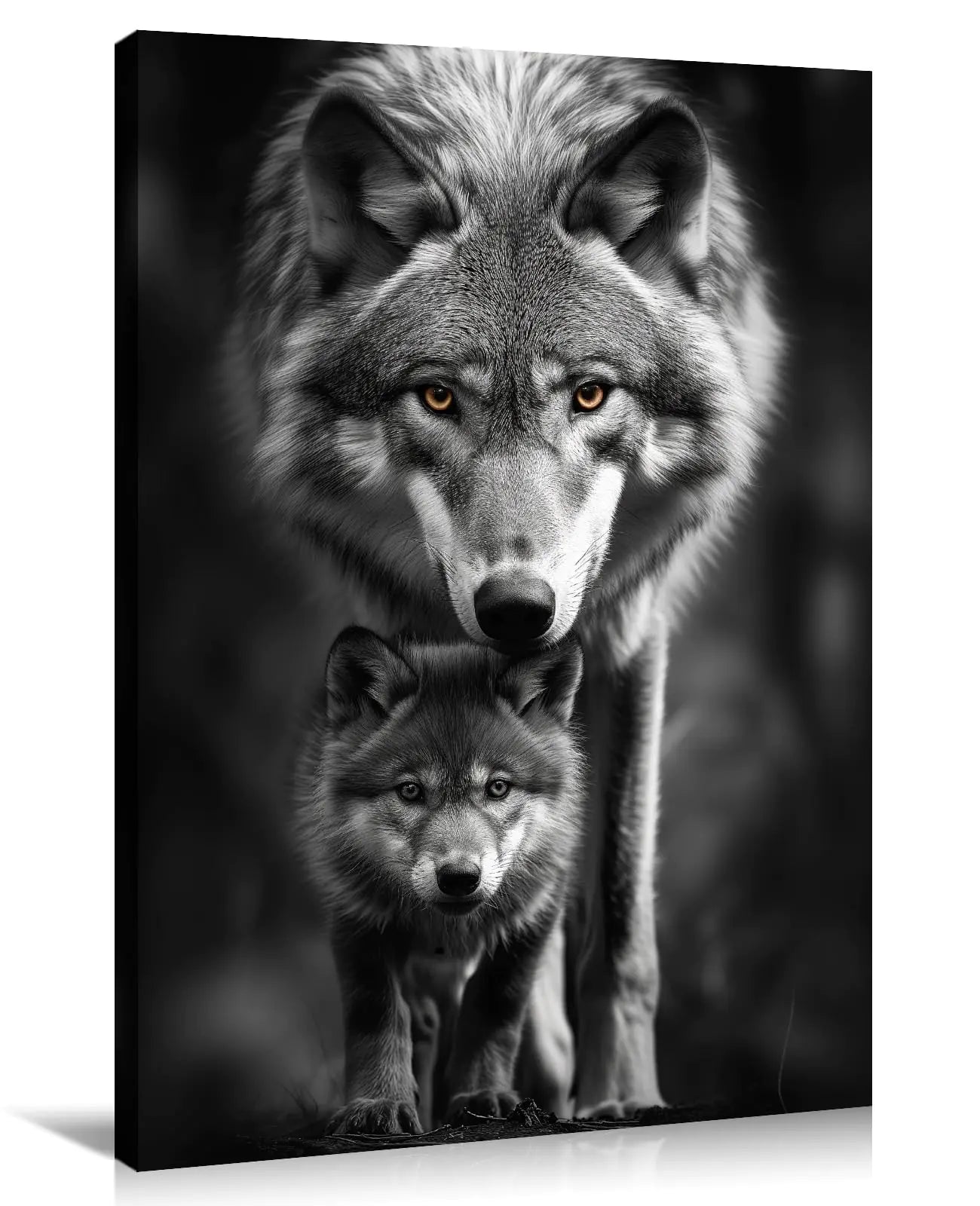 Canvas Wall Art Wolf Decor Black and White Picture Wolf and Cub Painting Wild Animal Poster Modern Artwork for Kids Room Living Room Bedroom Home Decor Framed(Artwork-312.00"x18.00")